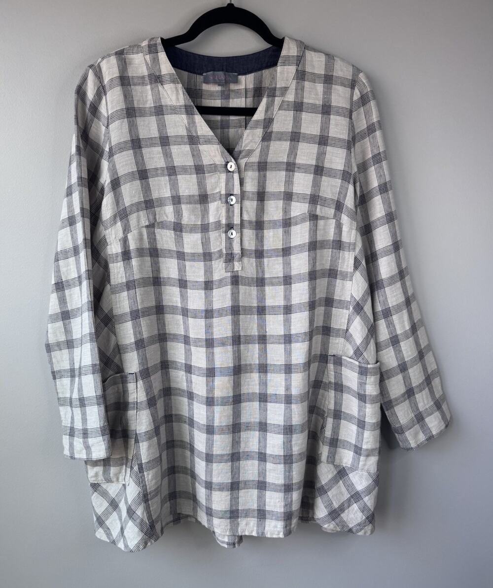 Sahara Womens Tunic Size M UK 12/14 Lagenlook 100% Linen Top Plaid Pockets